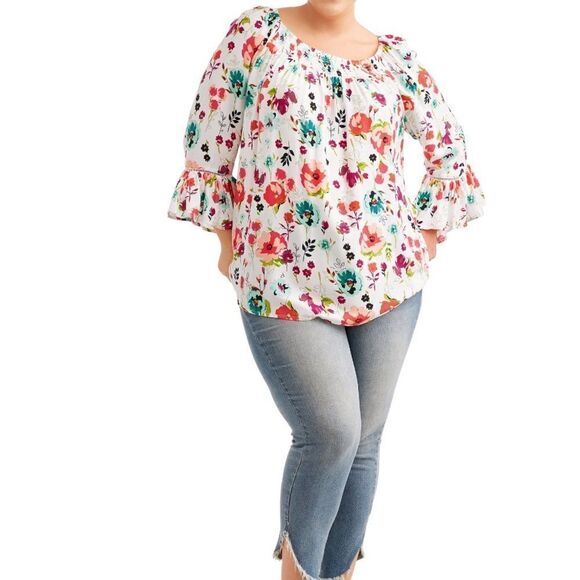 Terra & Sky White Floral lightweight soft woven knit fabric, 3/4-length sleeves - Picture 9 of 10